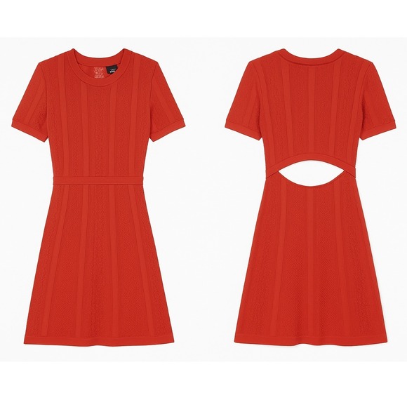 The Kooples Red Romantic Net Stitches Knit Short Sleeve Cutout Mini Dress  Sz 6
